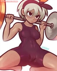 bea_(pokemon) blush dark-skinned_female dark_skin gray_hair hairband muscular muscular_female nintendo pokemon pokemon_ss spandex squatting tsuvida watermark weightlifting weights