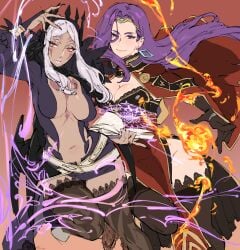 2girls aversa_(fire_emblem) bare_midriff belt black_dress book breasts bridal_gauntlets cape center_opening circlet cleavage cleavage_cutout clothing_cutout commission crown dark-skinned_female dark_skin dress earrings eyeshadow facial_mark feather_trim feathers female female_only fingernails fire fire_emblem fire_emblem_awakening fire_emblem_echoes:_shadows_of_valentia forehead_mark gloves high_heels highres holding jewelry kenshin187 large_breasts long_fingernails long_hair looking_at_viewer magic_circle makeup mature_female midriff multiple_girls nail_polish navel nintendo no_panties open_mouth parted_lips pelvic_curtain plunging_neckline purple_eyes purple_eyeshadow purple_hair red_eyes short_dress simple_background smile sonya_(fire_emblem) source_request tattoo thighhighs thighs white_belt white_hair white_lips