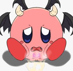 2_horns bodily_fluids cute_fangs female genital_fluids honeyu horn kirby kirby_(series) nintendo peeing peeing_self rule_63 sitting sitting_on_ground solo spread_legs spreading succubus tagme urine wings