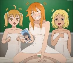 1boy 3girls ahoge assertive_female blonde_hair cellphone censor_bar censored cowgirl_position cuckquean femdom gamo-chan gyaru hair_ornament hairclip hayase_nagatoro hentaid highres multiple_girls naked_towel naoto_hachioji_(senpai) netorare ntr orange_hair please_don't_bully_me,_nagatoro pov reverse_cowgirl_position sakura_(nagatoro) sex sex_from_behind short_hair straddling towel twintails vaginal_penetration video_call yoshi_(nagatoro)