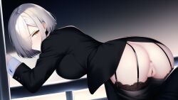 1girls ai_generated ass ass_focus asshole azur_lane bare_ass black_suit black_trousers blonde_hair clothed legwear looking_at_viewer looking_over_shoulder no_panties no_penetration no_sex only_female pants_down platinum_blonde_hair sheffield_(azur_lane) short_hair stable_diffusion vagina viewed_from_behind yellow_eyes