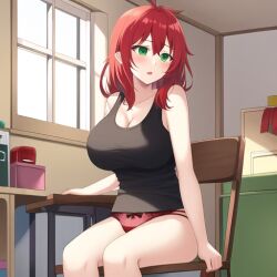 bedroom green_eyes half-elf panties panties_showing red_hair red_panties sitting tank_top underwear