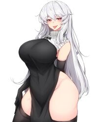 arknights big_breasts clothed long_hair looking_at_viewer red_eyes rikuguma sharp_teeth specter_(arknights) tagme thick_thighs thighhighs thighs white_hair