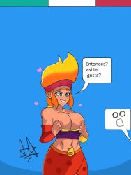 1boy 1girls amber_(brawl_stars) big_hair brawl_stars clothed_female earrings green_eyes hearts_around_head large_breasts novatouwu orange_hair showing_breasts smile supercell tanned_skin thick_thighs