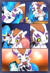 absurd_res anthro bandai_namco comic digimon digimon_(species) duo fellatio foreskin genitals gomamon hi_res kissing maehdoggie maehdraws male male/male oral penile penis sex veemon