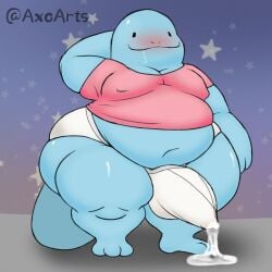 anthro ass axoarts belly big_butt blue_body blush bodily_fluids buddy_(axoarts) clothed clothing digital_media_(artwork) erection erection_under_clothing front_view generation_2_pokemon genital_fluids hand_behind_head happy leaking leaking_precum male moobs navel nintendo obese obese_anthro obese_male on_ground overweight overweight_anthro overweight_male pink_clothing pink_shirt pink_t-shirt pink_topwear pokemon pokemon_(species) precum quagsire saliva saliva_string shirt smile solo standing t-shirt thick_thighs topwear underwear