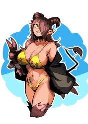 1girls 33dot belly_button crying_emoji dark-skinned_female dark_skin female female_only hair_over_one_eye happy horns krampus_(33dot) original rule_63 sharp_teeth solo swimsuit tail yellow_eyes