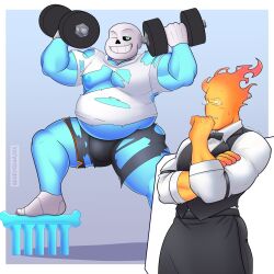 2boys 2d bara big_belly buff chubby chubby_male color commission gay glowing_eye grillby impressed impressing male male/male male_only monster monster_boy muscles muscular muscular_male redeyedgazer repost sans torn_clothes torn_clothing undertale undertale_(series)