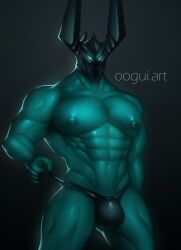 1boy 2023 abs armor big_muscles bulge front_view glistening glistening_body glowing glowing_eyes headgear helmet highres league_of_legends male male_only mordekaiser muscular muscular_humanoid muscular_male nipples oogui_art pecs riot_games simple_background solo standing topless underwear underwear_pull