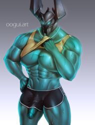 1boy 2022 abs armor belly_button big_muscles bulge clothing_lift front_view genitals glans glistening glistening_body glowing glowing_eyes headgear helmet humanoid_genitalia humanoid_penis league_of_legends male male_only mordekaiser muscular muscular_humanoid muscular_male navel nipples oogui_art pecs penis penis_outline penis_through_leghole poking_out riot_games simple_background solo standing sweat vein veiny_penis