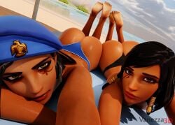 2girls 3d ana_amari ass ass_focus ass_up beach black_hair brown_eyes duo feet feet_up female female_focus female_only looking_at_viewer mother_and_daughter orange_eyes overwatch overwatch_2 pharah selfie swimwear vanezza wet_body