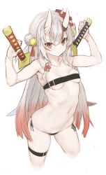 almost_naked belt_bra bikini_bottom hair_between_eyes hair_ornament hololive hololive_gen_2 hololive_japan horny katana long_hair nakiri_ayame oni oni_horns pale_skin petite red_eyes ryo_(tg290) simple_background small_breasts tagme tagme_(artist) virtual_youtuber white_hair white_skin