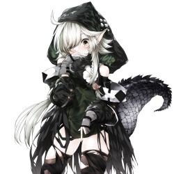 arknights bangs black_thighhighs blush clothing_cutout cowboy_shot crocodilian_tail eyes_visible_through_hair female fingering gloves green_hair green_shirt grey_gloves grey_hair hand_up highres hood hood_up long_hair long_sleeves mage_(335656) multicolored_hair partially_fingerless_gloves shirt shoulder_cutout simple_background skindentation solo streaked_hair tail thighhighs thighs tomimi_(arknights) torn_clothes torn_thighhighs white_background yellow_eyes