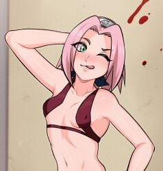 1girls 2020s 2023 ;q aldharoku arm_up bangs bare_arms bare_shoulders blood blush breasts collarbone covered_erect_nipples digital_drawing_(artwork) digital_media_(artwork) female female_focus female_only forehead_protector green_eyes hand_in_own_hair highres konohagakure_symbol medium_hair naruto naruto_(classic) naruto_(series) naruto_shippuden navel one_eye_closed parted_bangs pink_hair sakura_haruno shounen_jump small_breasts smile solo solo_female solo_focus tongue tongue_out upper_body