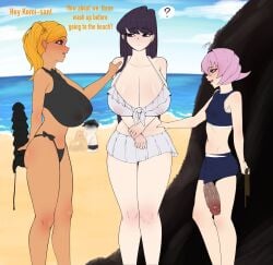 1boy 2girls beach big_penis black_hair bondage clothed clothing commission dialogue english_text erection female femboy femboy_on_female higher_resolution_duplicate huge_breasts huge_cock human hung_trap imminent_rape imminent_sex komi-san_wa_komyushou_desu komi_shouko leash light-skinned_female light-skinned_male light_skin long_hair male manbagi_rumiko mostly_clothed mostly_nude osana_najimi penis public sep_(artist) sex_toy standing strap-on swimsuit tadano_hitohito text tricked