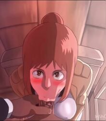 1boy 1girls 60fps :>= animated attack_on_titan blowjob blush brown_eyes brown_hair d-art dark-skinned_male eye_contact fellatio female fully_clothed holding_penis jiggle jiggling_breasts longer_than_30_seconds looking_at_partner looking_up loop looping_animation no_sound onyankopon oral pov pov_eye_contact sasha_braus shingeki_no_kyojin video