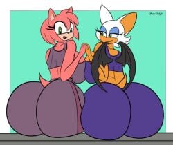 2girls amy_rose animal_ears anthro ass ass-to-ass ass_focus ass_to_ass bat big_ass big_breasts big_butt black_nose breasts breasts_to_breasts chiropteran clothed clothing dat_ass eyelashes eyeshadow female female_only fur furry green_eyes hedgehog holding_hands huge_ass huge_butt looking_back makeup mobian_(species) narrowed_eyes open_mouth pink_body pink_fur pink_hair pink_skin rouge_the_bat sega short_hair sideboob simple_background sitting smile sonic_(series) sonic_adventure_2 sonic_the_hedgehog_(series) spandex storydelight surprised tail tan_body tan_fur tan_skin tank_top thick_ass video_games white_hair wings workout workout_clothes