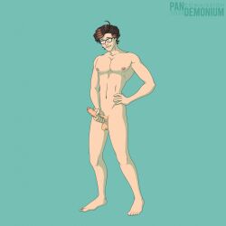 balls bite biting_lip brown_hair erection eyewear feet frankly-art genitals glasses hair human humanoid male mammal masturbation navel nipples nude pecs penis solo taur toes waist