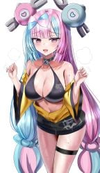 1girls bikini_top blue_hair breasts clothed female gym_leader hanasaka_houcha human human_only iono_(pokemon) jacket leaning_forward long_hair long_sleeves medium_breasts nintendo pink_eyes pink_hair pointy_teeth pokemon pokemon_sv smile sweat sweaty_body thighs twintails two_tone_hair