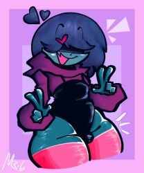 1boy big_ass big_butt big_thighs blue_body blue_hair bulge bulge_through_clothing femboy feminine_male ghost hair_ornament hair_over_eyes hoodie large_thighs malborne male overalls peace_sign phantro_(spectrodraws) thick_thighs thighhighs tight_clothing