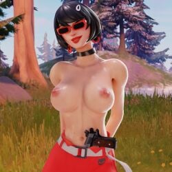 big_breasts big_nipples black_hair breasts evie_(fortnite) forest fortnite fortnite:_battle_royale maline2007 pistol red_lipstick red_pants sunglasses tinted_eyewear