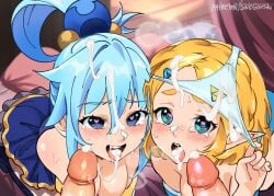 2boys 2girls after_sex ahe_gao all_fours aqua_(konosuba) begging blonde_hair blue_hair breasts cleavage crossover cum cum_drip cum_on_face cumshot cumshot_in_mouth eyes_rolling_back female female_focus foursome heart-shaped_pupils kono_subarashii_sekai_ni_shukufuku_wo! male multiple_boys multiple_girls nintendo open_mouth panties panties_on_head princess_zelda skirt snegovski swingers tears tears_of_pleasure tears_of_the_kingdom the_legend_of_zelda tongue tongue_out triforce triforce_panties zelda_(tears_of_the_kingdom)