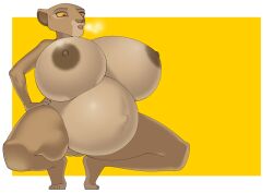 absurd_res anthro areola big_breasts bodily_fluids breasts brown_areola brown_body brown_fur brown_nipples crouching disney felid female fur genitals hi_res huge_breasts lion mammal nipples pantherine pr-egg-nant pregnant pregnant_female pussy sarabi solo sweat the_lion_king