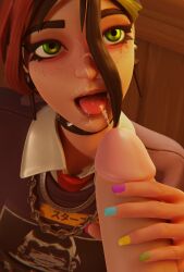 3d 3d_(artwork) blender blender_(software) blender_cycles blowjob clothed clothed_female_nude_male colored_nails cum cum_in_mouth cum_on_face cumshot dick dyed_hair epic_games fortnite fortnite:_battle_royale green_eyes hand_on_penis helsie_(fortnite) ns1124 red_and_black_hair