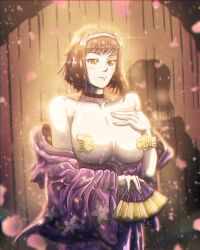 1girls big_breasts breasts brown_eyes brown_hair busty clothing female female_only hand_fan hand_on_own_chest highres japanese_clothes kanzaki_sumire kimono kimono_pull large_breasts lavender_raptor long_hair medium_breasts sakura_wars sega shadow short_hair smile solo topless voluptuous