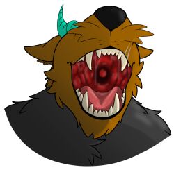 anthro big_teeth brown_fur cheek_tuft cyan_horns drool drool_string facial_hair grey_fur horn horns mawshot sharp_teeth slobber system_alter werewolf werewolf_alter werewolf_maw wolf wolf_maw