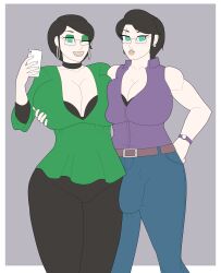 1futa 1girls athorment balisk_oc big_breasts big_penis black_hair breast_grab breasts breasts_bigger_than_head bulge bulge_through_clothing cleavage clothed clothing dani_(balisk) dani_(balisk)_(futa) duo earrings female flaccid fully_clothed futanari glasses green_eyes huge_breasts human intersex light-skinned_female light-skinned_futanari light_skin looking_at_viewer nadia_(balisk) pale_skin penis scar selfie short_hair sisters smile standing twins