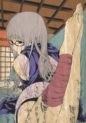 barefoot book clothed feet feet_up female female_only foot_fetish gintama glasses grey_hair indoors long_hair looking_at_viewer looking_back on_stomach sagatsune sarutobi_ayame scarf shouji shunga sofa solo the_pose