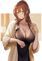 alternate_costume blush breasts brown_hair cleavage collarbone female girls'_frontline green_eyes hair_between_eyes hand_up highres kitsune_udon_(ai_br) large_breasts long_hair looking_at_viewer mature_female milf parted_lips sidelocks smile solo springfield_(girls'_frontline) torso upper_body