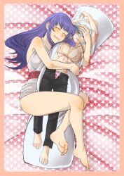 bare_legs barefoot body_pillow closed_eyes dakimakura dakimakura_(object) drooling feet female female_only full_body gintama gintoki_sakata hugging hugging_pillow japanese_clothes kazuki_kisuke light-skinned_female light_skin long_hair mole_under_eye obi purple_hair sarutobi_ayame sleeping smile solo solo_female