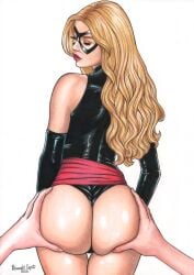 1girls ass ass_focus ass_grab black_armwear blonde_hair butt carol_danvers dat_ass eduardo_copati fat_ass female groping groping_ass groping_from_behind hand_on_ass hand_on_butt lipstick long_hair looking_back marvel marvel_comics mask ms._marvel ms._marvel_(carol_danvers) offscreen_character pawg skin_tight squeezing_butt superhero_costume superheroine white_background