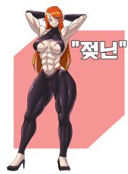 1girls abs armpits arms_behind_back biceps fuma_kotaro_(tenkaichi) hi_res high_heels muscles muscular muscular_arms muscular_female muscular_legs muscular_thighs obliques pink_eyes red_hair rice rice(bob) simple_background solo tenkaichi_nihon_saikyou_bugeisha_ketteisen thick_thighs vein