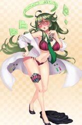 :o animated artist_request bare_legs bare_shoulders beaker bra breasts clara_(project_qt) coffee_cup crossed_legs cup disposable_cup gif glasses green_eyes green_hair high_heels labcoat large_breasts necktie project_qt third-party_source thong underwear