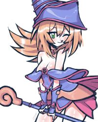 1girls 2020s 2023 artist_signature big_breasts blonde_hair blush breasts choker cleavage dark_magician_girl female female_only green_eyes hat long_hair looking_at_viewer megrocks one_eye_closed shiny_skin simple_background smile solo staff tongue tongue_out white_background wink yu-gi-oh!