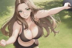 1girls ai_generated bare_shoulders black_bra bra brown_hair cleavage female green_eyes gym_clothing gym_shirt gym_uniform highres large_breasts long_hair looking_at_viewer navel original original_character outdoors outside selfie shmebulock36 short_skirt skirt smiling solo solo_female