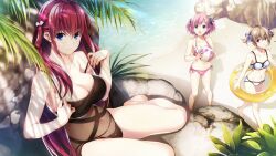 3girls artist_request ball barefoot beach beachball bikini black_one-piece_swimsuit black_ribbon blue_eyes blue_ribbon brown_hair bush frilled_bikini frills grisaia_(series) grisaia_chronos_rebellion hair_ribbon innertube irisu_makina komine_sachi leaf light_rays looking_at_viewer multiple_girls one-piece_swimsuit open_mouth palm_tree pink_bikini pink_hair purple_eyes purple_hair ribbon rock sand see-through shade shadow shore short_twintails sitting smile source_request strap_pull suou_amane swimsuit tree twintails wariza water white_bikini white_ribbon yellow_innertube