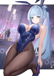 1girls big_breasts blue_eyes blue_hair bunny_ears bunnysuit female female_only genshin_impact hi_res highres kamisato_ayaka large_breasts leotard loki1998 long_hair looking_at_viewer pantyhose ponytail solo solo_female thick thick_thighs voluptuous