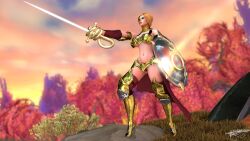 3d 3d_(artwork) alyssa_holywings armor bellakvo big_breasts blizzard_entertainment blonde_hair chaos_(warhammer) clothed_female corruption crossover female golden_armor high_heels highres human human_(world_of_warcraft) makeup paladin_(warcraft) red_lingerie red_thighhighs rule_63 shield sigvald_the_magnificent solo sword thick_thighs warhammer_(franchise) warhammer_fantasy white_skin world_of_warcraft