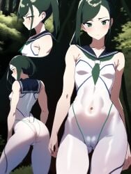 ai_generated bishoujo_senshi_sailor_moon blush breast_outline cameltoe cleft_of_venus clothing female flat_chest green_eyes green_hair latex multiple_angles navel navel_outline plugsuit pussy_outline sailor_pluto setsuna_meiou shiny_clothes skin_tight skinsuit solo stable_diffusion tight_clothing toned toned_body toned_female