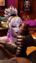 1boy 1girls 3d 3d_(artwork) big_penis black_lipstick blender dusk_(fortnite) female fortnite licking_penis looking_at_viewer makeup male purple_eyes purple_skin two-handed_masturbation winterzone