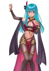 1girls absurdres alternate_costume bandeau bare_midriff bare_shoulders black_gloves black_pantyhose blue_eyes blue_hair bracelet bridal_gauntlets commentary_request cosplay criss-cross_halter dancer dorothea_arnault dorothea_arnault_(cosplay) dorothea_arnault_(plegian)_(cosplay) eirika_(fire_emblem) elbow_gloves feather_hair_ornament feathers feet_out_of_frame female female_only femsub fire_emblem fire_emblem:_the_sacred_stones fire_emblem_heroes gloves hair_between_eyes hair_ornament hair_ribbon halterneck harem_outfit hazuki_(nyorosuke) highres jewelry long_hair looking_at_viewer midriff navel neck_ring nintendo out_of_frame pantyhose pelvic_curtain plegian ribbon shawl simple_background slave solo standing stomach thighlet thighs very_long_hair white_background