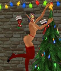 black_hair blizzard_entertainment blood_elf christmas collar dew_(shikron) green_eyes high_heels horde_symbol horde_tattoo large_ass light-skinned_female light_skin nipple_piercing nipple_rings original_character shikron stockings tattoo warcraft winter_veil world_of_warcraft