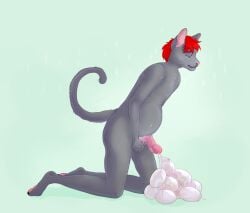 1boy anthro blue_background blue_eyes egg erection fangs felid fur genitals glistening glistening_eyes grey_body grey_fur grey_tail hair humanoid_genitalia humanoid_penis kneeling male male_only mammal mouth_closed naked narrowed_eyes nude pawpads penis red_hair red_pawpads red_penis roobin short_hair simple_background solo teeth urethral_egg_laying