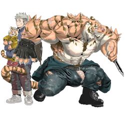 abs anthro arm_scar asian_clothing backpack big_bulge big_muscles big_penis blonde_hair boots bottomwear bulge carrying carrying_another chan_kiti_chan_(artist) clenched_teeth clothing dagger east_asian_clothing facial_scar family father father_and_child father_and_son felid fingerless_gloves footwear fur genitals gloves group hair handwear hi_res human human_on_anthro interspecies japanese_clothing kimono larger_anthro larger_male male male/male mammal melee_weapon multicolored_body multicolored_fur muscular muscular_anthro muscular_male nipples orange_body orange_fur pantherine pants parent parent_and_child pecs penis penis_base penis_through_fly platinum_blonde poking_out protecting protective scar shirtless size_difference son striped_body striped_fur stripes stubble tail_around_partner teeth tiger torn_bottomwear torn_clothing torn_pants trio vein veiny_penis weapon white_body white_fur