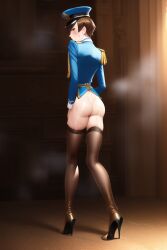 ai_generated ass blush cuntboy hat heels high_heels intersex legwear lust_family_(artist) military_hat military_uniform short_hair thigh_boots thighhighs underwear