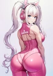 ai_generated alice_(nikke) alternate_costume ass ass_focus bare_shoulders blue_eyes blush bodysuit breasts female from_behind gloves goddess_of_victory:_nikke headphones huge_ass large_breasts long_hair looking_at_viewer looking_back shiny shiny_clothes shiny_hair shiny_skin sideboob solo twintails very_long_hair white_hair